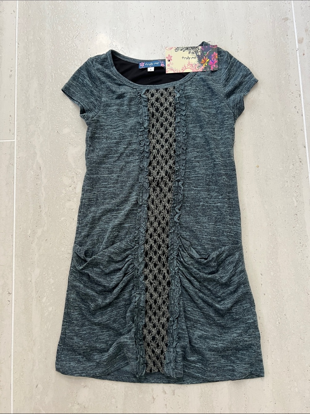 Truly Me Heathered Charcoal Knit Dress with Crochet Panel